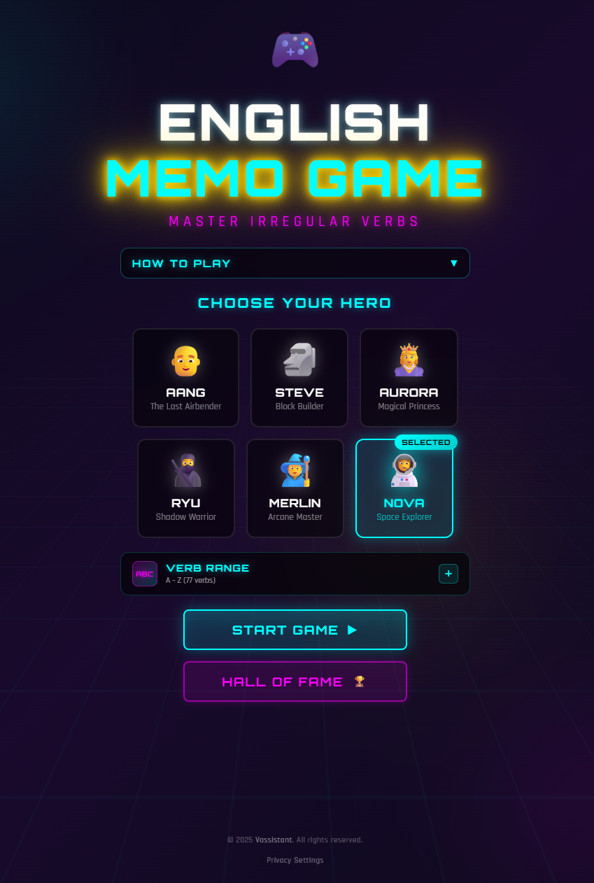 Memo English Game - Menu